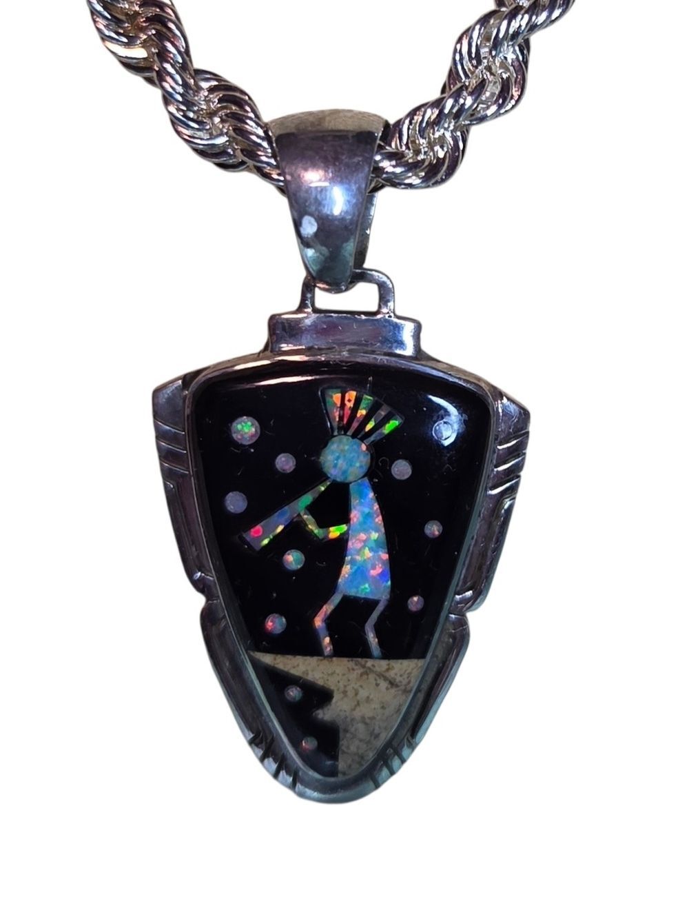 Sterling Silver Multicolor Opal Inlay Kokopelli Statement Pendant